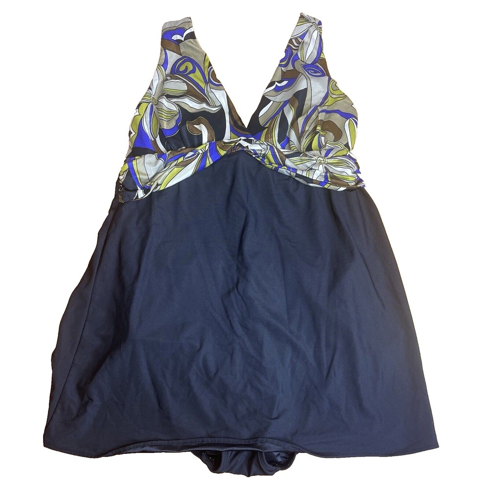 Inches Away Swimwear‎ Womens 14 Black Multicolor One Piece Deep V Skirted, Bra
